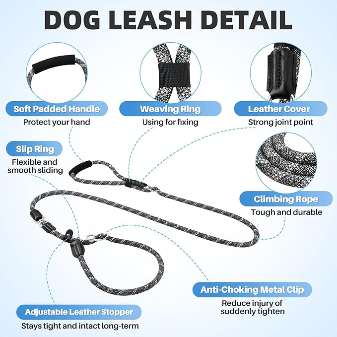 SlowTon Slip Lead for Dogs - Hands Free No Tangle Adjustable 4-6 FT 1/2” Rope, Heavy Duty Nylon Leash for Large Medium Dogs that Pull, No Pull Training Slip Leashes, 20-120lb, Dark Grey