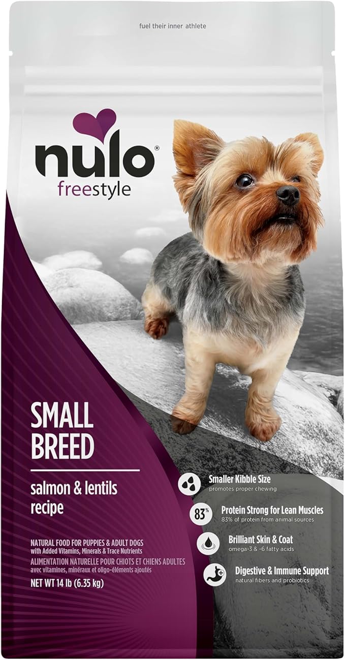 Nulo FreeStyle Small Breed Dog Food Dry - Salmon & Lentils, Puppy & Adult Grain Free Dog Food, Natural, High Protein, Smaller Sized Kibble with BC30 Probiotic for Healthy Digestion Support, 14lb Bag