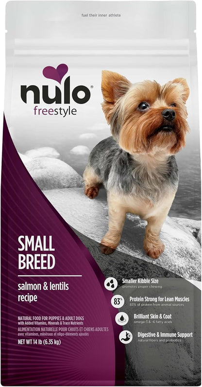 Nulo FreeStyle Small Breed Dog Food Dry - Salmon & Lentils, Puppy & Adult Grain Free Dog Food, Natural, High Protein, Smaller Sized Kibble with BC30 Probiotic for Healthy Digestion Support, 14lb Bag