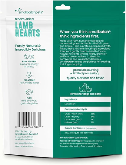 smallbatch Pets Premium Freeze-Dried Lamb Heart Treats for Dogs and Cats, 3.5 oz, Made and Sourced in The USA, Single Ingredient, Humanely Raised Meat, No Preservatives or Anything Artificial Ever