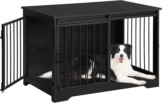Hzuaneri 39.3" Dog Crate Furniture with Barn Door, Heavy Duty Dog Kennel Indoor with 2 Doors, Wooden Pet Cage End Table for Large Small Medium Dogs, Anti-Chew Anti-Escape, Black DFC02304B