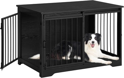 Hzuaneri 39.3" Dog Crate Furniture with Barn Door, Heavy Duty Dog Kennel Indoor with 2 Doors, Wooden Pet Cage End Table for Large Small Medium Dogs, Anti-Chew Anti-Escape, Black DFC02304B