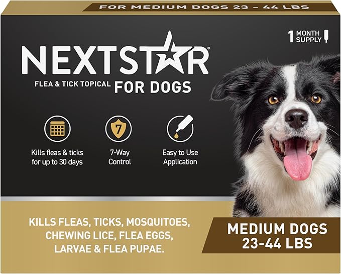 NEXTSTAR Flea and Tick Prevention for Dogs, Repellent, and Control, Fast Acting Waterproof Topical Drops. Medium Dog Tick & Flea Repellent, 1 Month Dose