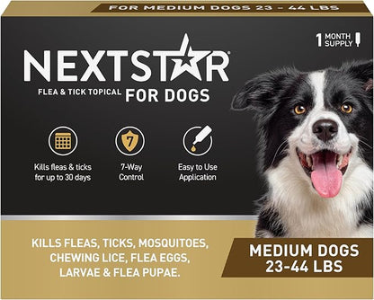 NEXTSTAR Flea and Tick Prevention for Dogs, Repellent, and Control, Fast Acting Waterproof Topical Drops. Medium Dog Tick & Flea Repellent, 1 Month Dose