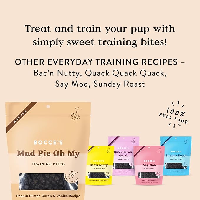 Bocce's Bakery Mud Pie Oh My Training Treats for Dogs, Wheat-Free Dog Treats, Made with Real Ingredients, Baked in The USA, Natural & Low Calorie Training Bites, PB, Carob, & Vanilla Recipe, 6 oz