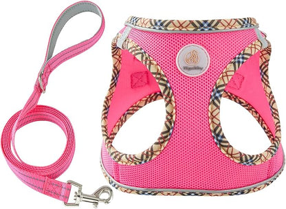 Hipubby Dog Harness Small Sized and Leash Set, No Pull Soft Mesh Puppy Vest, Reflective Breathable Lightweight Pet Harness, Harness for Small Medium Dogs and Cats - Rose Red/Khaki Trim, L
