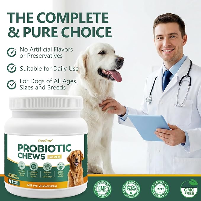 OcePor 400 Pcs Probiotics for Dogs, Dog Probiotics Chews for Yeast, Itchy Skin and Itchy Ears, Digestive Health, Diarrhea Relief, Gut & Immune Support, Pet Supplements (Chicken)