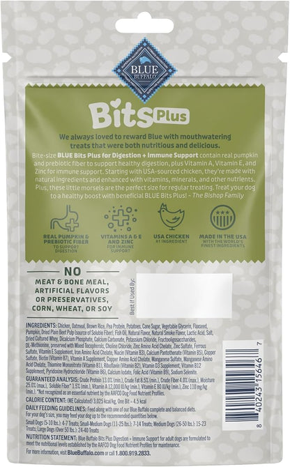 Blue Buffalo Blue Bits Plus Digestion and Immune Support Daily Benefit Dog Treats, Soft & Chewy Chicken and Pumpkin Morsels, 3.5-oz. Bag