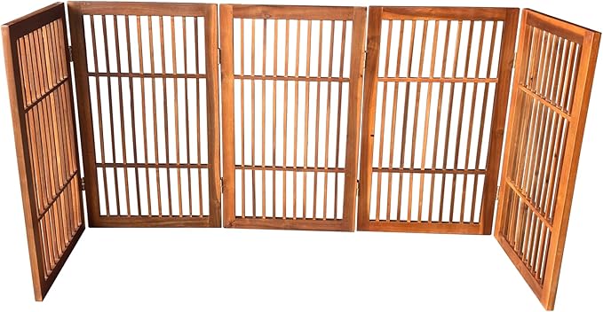 Urnporium Pet Dog Gate Freestanding, Strong Durable Folding Wooden Fence, Portable Acacia Hardwood Safety Barrier for Indoor & Outdoor Use (Brown Pet Gate, 5 Panel 30" Tall)