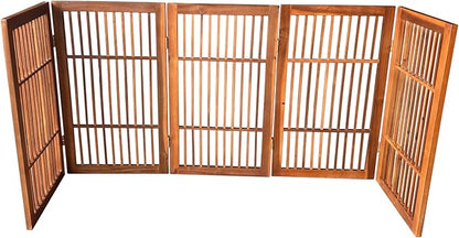 Urnporium Pet Dog Gate Freestanding, Strong Durable Folding Wooden Fence, Portable Acacia Hardwood Safety Barrier for Indoor & Outdoor Use (Brown Pet Gate, 5 Panel 30" Tall)
