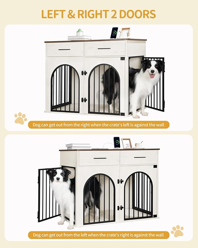 Hzuaneri 39.4'' Large Dog Crate Furniture with 2 Storage Drawers, Heavy Duty Dog Kennel Indoor with Charging Station, Wooden Dog Cage End Table Kennel for Medium/Large Dogs, White Brown DFC84214B