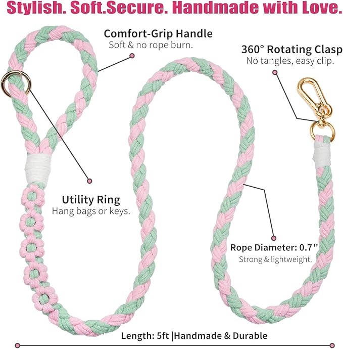 Handmade 5ft Braided Cotton Dog Leash with Unique Floral Handle, Durable and Stylish, Ideal for Small to Large Dogs, Pink & Green Color