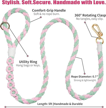 Handmade 5ft Braided Cotton Dog Leash with Unique Floral Handle, Durable and Stylish, Ideal for Small to Large Dogs, Pink & Green Color