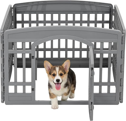 IRIS USA 24" Dog Playpen 4-Panel Pet Exercise Pen with Door Gate 35 x 35 x 24 Puppy Play Pen Indoor Outdoor Plastic Foldable Portable Pet Fence for Small Medium Dogs Puppies Multiple Pets Gray