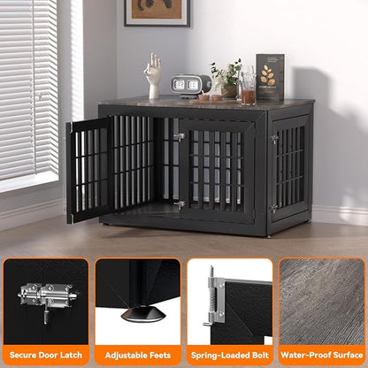 Snuowu 42" Heavy Duty Dog Crate Furniture for Small,Medium and Large Dogs,Rustic Wooden Dog Cage Kennel Indoor Furniture with Waterproof Top,Decorative Pet House Side End Table (Black & Grey)
