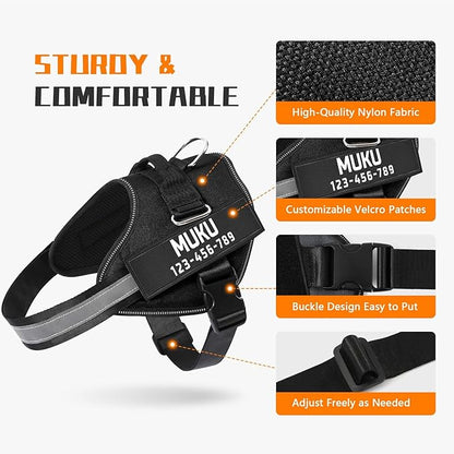 MUMUPET Custom Dog Harness Vest with 2 Personalized Name & Phone Patches, No Pull Reflective Adjustable with Handle, Soft Breathable Padding for Medium Dogs (Black, M)