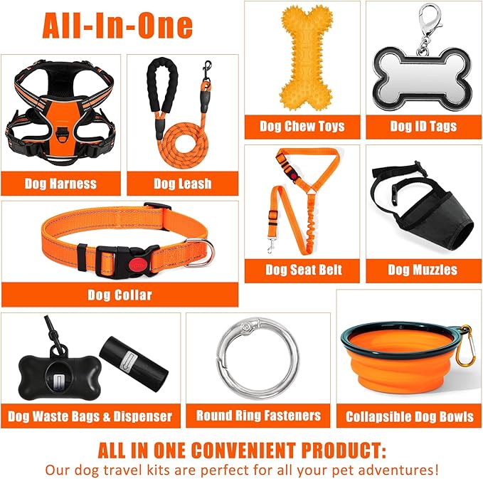 No Pull Dog Harness Adjustable Collar & Leash Set - Dog Halter Harnesses Collapsible Bowls & Poop Bag Dispenser Muzzle ID Tags Toys Fits Small Medium Large Dogs (Orange-L)