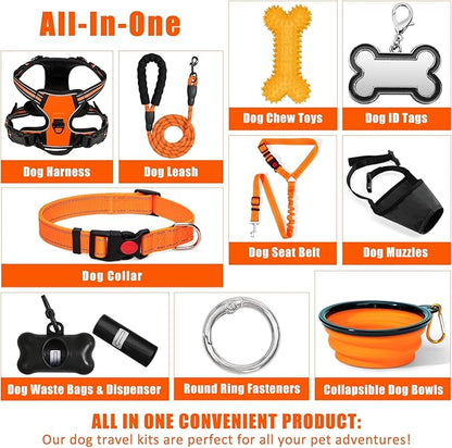 No Pull Dog Harness Adjustable Collar & Leash Set - Dog Halter Harnesses Collapsible Bowls & Poop Bag Dispenser Muzzle ID Tags Toys Fits Small Medium Large Dogs (Orange-M)