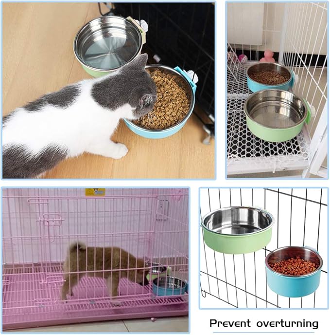 Pet Hanging Bowl 2-in-1 Removable Stainless Steel Food Hanging Bowl for Puppy/Cat, Andiker Pet Bowl Hanging Cage Large Water Food Feeder for Dogs Cats (Small, Green)
