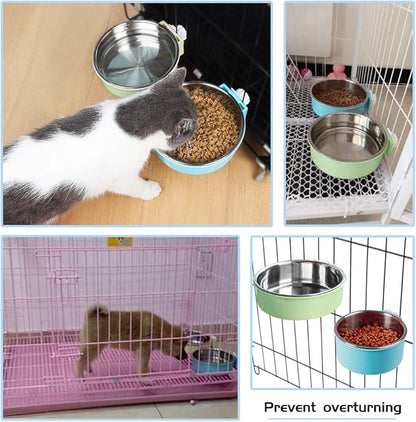 Pet Hanging Bowl 2-in-1 Removable Stainless Steel Food Hanging Bowl for Puppy/Cat, Andiker Pet Bowl Hanging Cage Large Water Food Feeder for Dogs Cats (Large, Green)