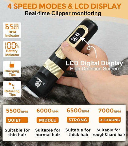 Petsaunter Dog Clippers for Grooming, 4-Speed & LCD, Low Noise Electric Trimmer for Grooming, TypeC Rechargeable Dog Hair Clippers, Super Quiet for Dogs & Pets with Thick or Heavy Coats(C95)