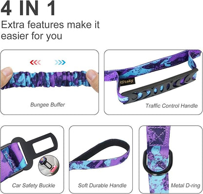 Hotsky Tactical Dog Leash Heavy Duty for Medium Large Dogs that Pull,4-6Ft Strong Bungee Shock Absorbing No Pull Dog Leash with Padded Double Handle and Car Seatbelt,Purple Camo