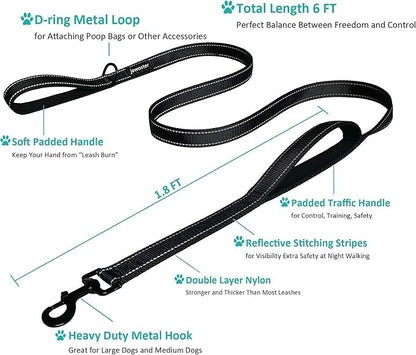 Heavy Duty Dog Leash - 2 Handles by Padded Traffic Handle for Extra Control, 6foot Long - Perfect for Medium to Large Dogs (6 ft, Black)
