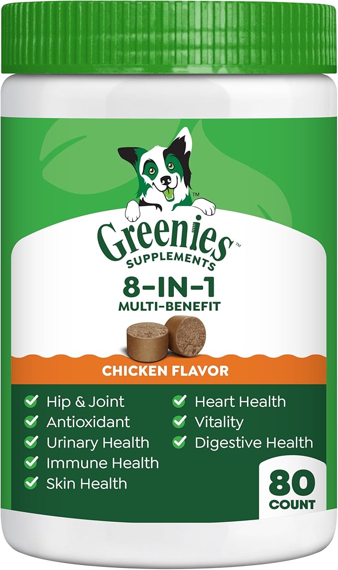 Greenies Dog Supplements 8-in-1 Multi-Benefit Dog Vitamins and Supplements Chicken Flavor, 15.5 oz. Container, 80 Count