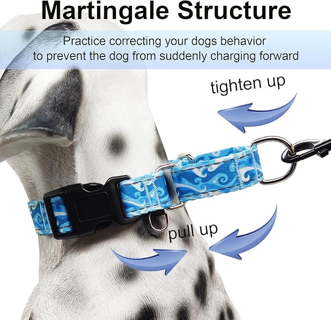 Reflective Martingale Collar with Quick Release Buckle Anti Pulling Boy Male Adjustable Dog Collars (Blue Waves, Small)