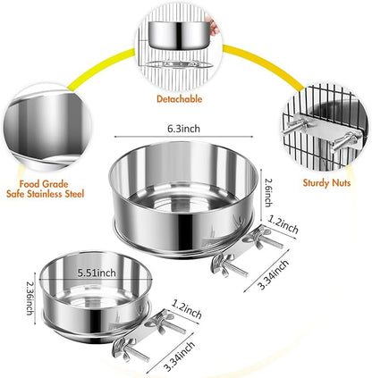 Dog Kennel Food and Water Bowls, 2 Pack Hanging Metal Dog Bowls No Spill, Stainless Steel Pet Dish for Small & Medium Breed Pets (6.3 x 2.6” & 5.5 x 2.4”)