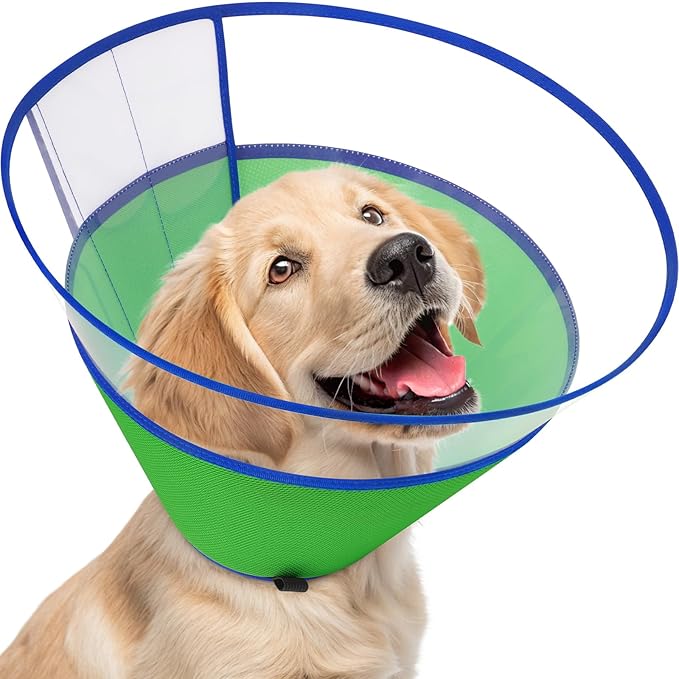 Dog Cone Collar, Clear Soft Cone for Dogs After Surgery to Stop Licking, Breathable Mesh Recovery Collar with Elastic Loop for Snug Fit, Adjustable E-Collar for Medium Dogs, Green Size 3