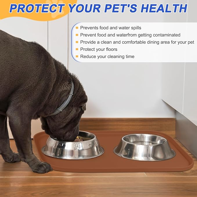 SMILOOL Silicone Pet Feeding Mat with Raised Edge for Food and Water, Dog Bowl Mats, Cat Bowls Placemat with High Lip for Floor Waterproof, Rubber Tray for Cats and Dogs 24 x 16 x0.8 Brown