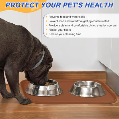 SMILOOL Silicone Pet Feeding Mat with Raised Edge for Food and Water, Dog Bowl Mats, Cat Bowls Placemat with High Lip for Floor Waterproof, Rubber Tray for Cats and Dogs 19 x 12 x0.7 Brown