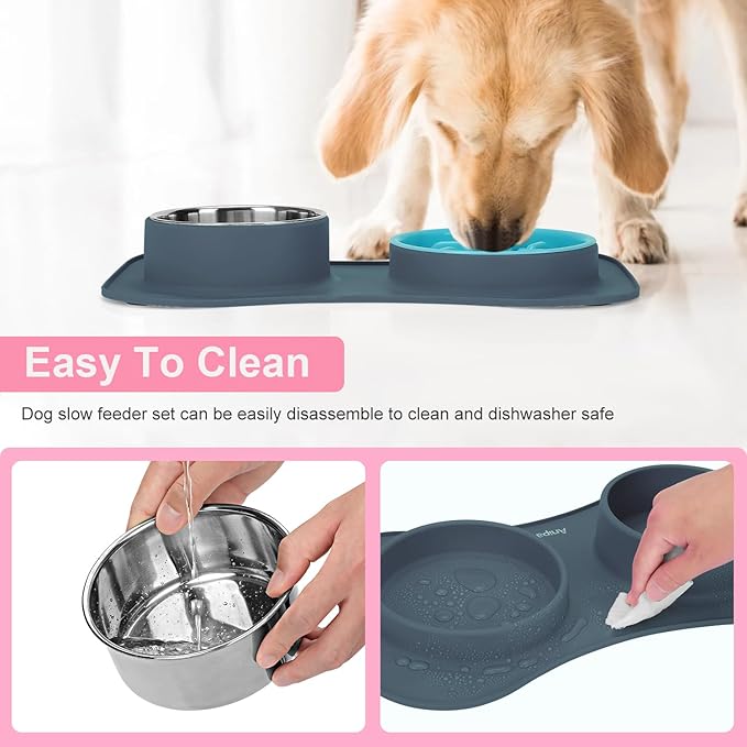 Anipaw Slow Feeder Dog Bowls 3 in 1 Stainless Steel Dog Food and Water Bowls with Non-Spill and Non-Skid Silicone Mat to Slow Down Eating for Large Medium Small Breed Size Dogs and Cats