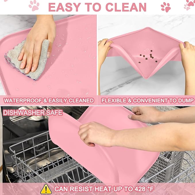 Smilool Silicone Pet Food Mat with Raised Edge for Food and Water Bowl, Dog Feeding Mats, Cat Food Trays for Floor Waterproof, Rubber Tray for Dogs and Cats, 24 x 16 x 0.8 Sakura Pink