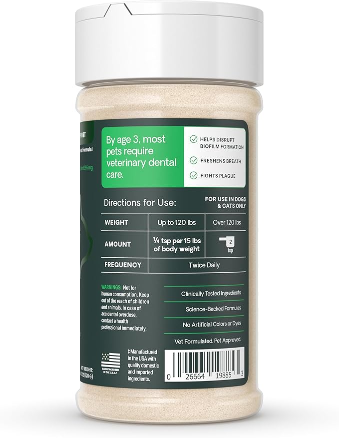 VetriScience Dental Care Powder,Perio Support Clinically Tested Dental Supplement for Small,Medium and Large Breed Dogs,Freshen Breath,Control Plaque and Tartar,Oral Health,4.2 oz,(Pack of 2)