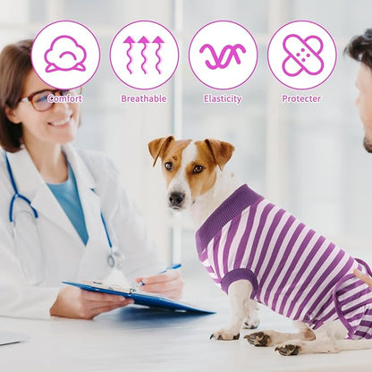 2 Packs Breathable Cotton Dog Recovery Suit for After Neuter Spay Abdominal Wounds Protector, Professional Anti-Licking Onesies for Male Female Pets Surgery Bandages, 2XL Purple & Pink Stripes