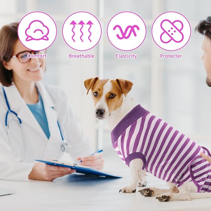 2 Packs Breathable Cotton Dog Recovery Suit for After Neuter Spay Abdominal Wounds Protector, Professional Anti-Licking Onesies for Male Female Pets Surgery Bandages, L Purple & Pink Stripes