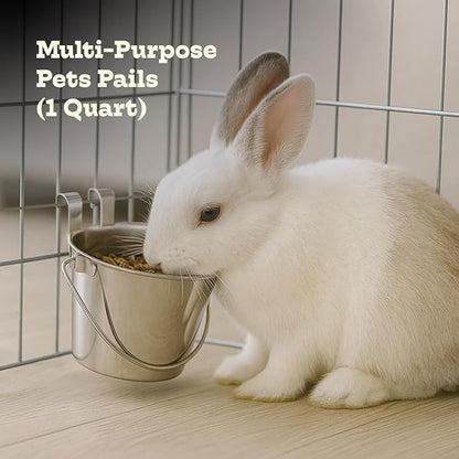 1 quart Stainless Steel Flat Sided Bucket with Dual Hooks | 0.25 gal Durable Food & Water Bowl for Dog Cat Bird & Small Animals | Fits kennel Cage Critter Crate | Hanging Utility Pet Pail
