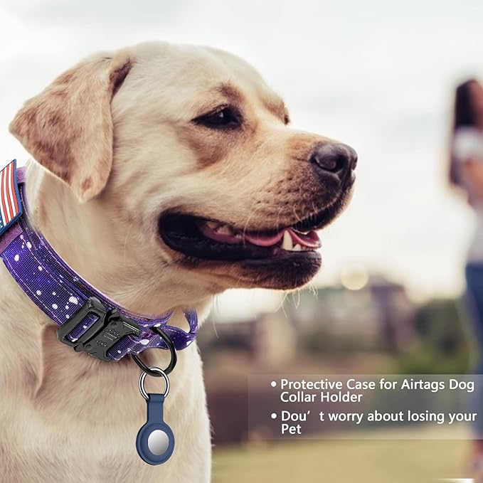 DAGANXI Tactical Dog Collar, Adjustable Military Training Nylon Dog Collar with Control Handle and Heavy Metal Buckle for Medium and Large Dogs, with Patches and Airtags Case (M, Purple Sky-Set)
