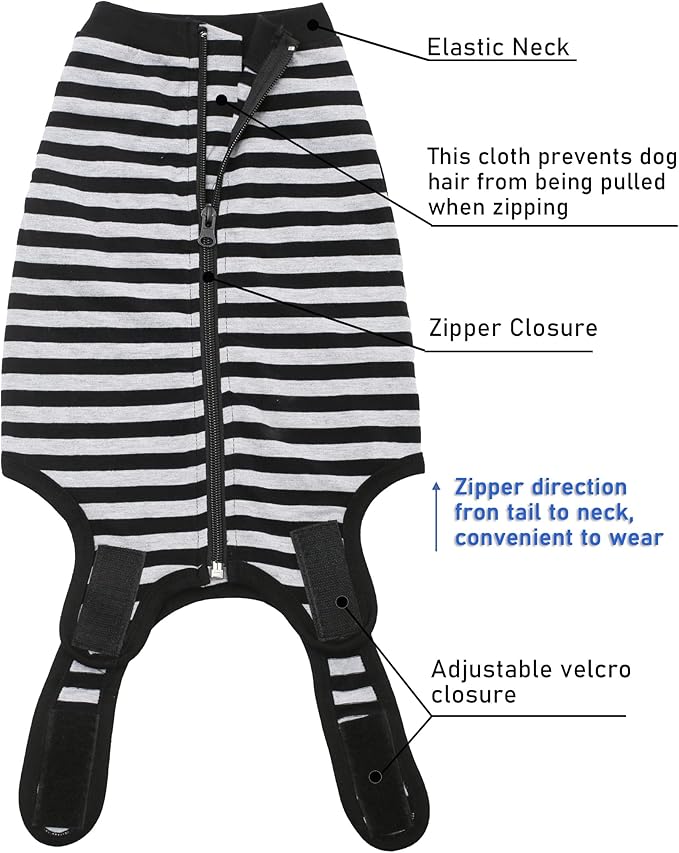 Dog Recovery Small Suit,for Female Male Surgery,Spay,Neuter Recovery Clothes,Zipper Closure Cotton Striped Wounds Protect Suit,Black Striped Small