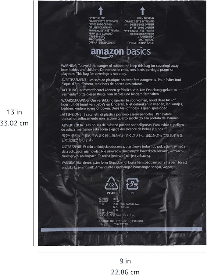 Amazon Basics Dog Poop Leak Proof Bags with Dispenser and Leash Clip, Unscented, 13" x 9" Large Size, 300 Count