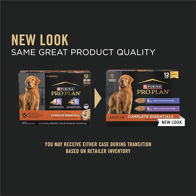 Purina Pro Plan Complete Essentials Wet Dog Food, Lamb and Vegetables and Turkey and Vegetables in Gravy Variety Pack - (Pack of 12) 13 oz. Cans