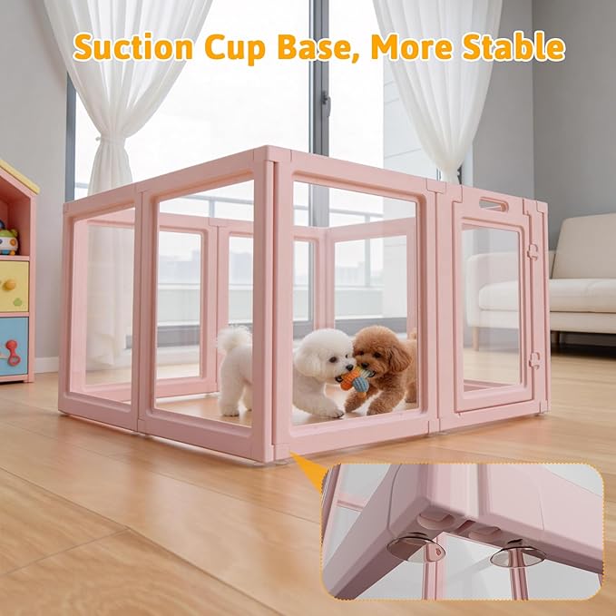 DIY Clear Acrylic Dog Playpen House,Quick Easy Assembly and Disassembly,Strong Floor Suction,Indoor and Outdoor Use,Easy Cleansing Puppy Fence (Skin Pink, 23.6" H, 8PCS)