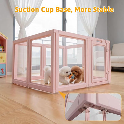 DIY Clear Acrylic Dog Playpen House,Quick Easy Assembly and Disassembly,Strong Floor Suction,Indoor and Outdoor Use,Easy Cleansing Puppy Fence (Skin Pink, 23.6" H, 8PCS)