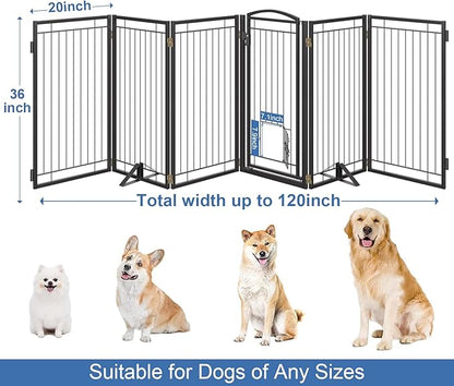 Metal Freestanding Dog Gate with Cat Door for Indoor&Outdoor,120" Extra Wide Foldable Pet Gate,36" Tall Foldable Indoor Dog Fence for Wide Openings Stairs,Deck,Yard,Doorways(6 Panels,Black)