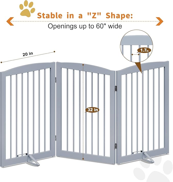 PUPETPO Freestanding Pet Gate for Dogs, Foldable Wooden Dog Gate for House Indoor, Tall Pet Fence for Stair, Doorway,Hall, Support Feet Included, 3 Panels 32",Grey