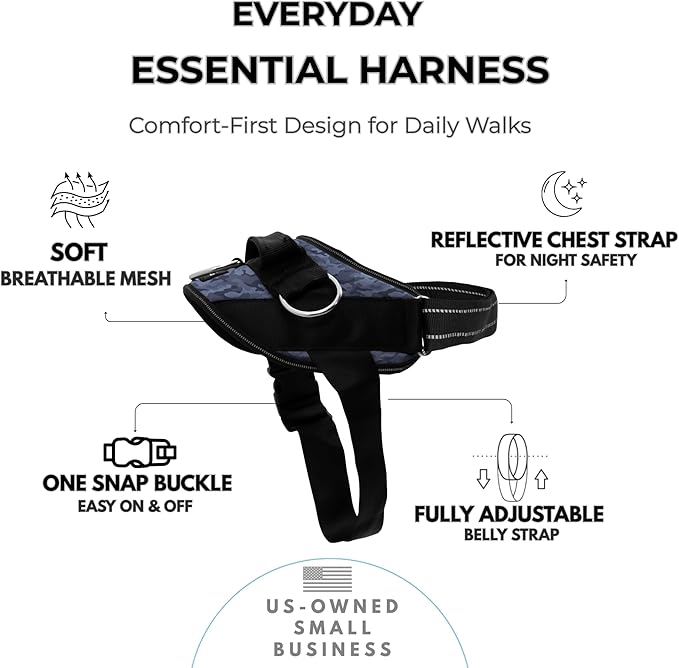 ShawnCo Essential Dog Harness, No-Pull Pet Vest with 3 Leash Clips, No Choke, Reflective, Adjustable and Padded, for Easy Walking and Training for Small, Medium and Large Dogs (Dark Camo, XS)