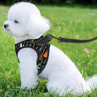 Dog Harness and Leash Set with Electric Guitars Music Pattern, Breathable Mesh Vest with Reflective Strips, Adjustable No Pull Pet Harness for Small Dogs and Cats Small