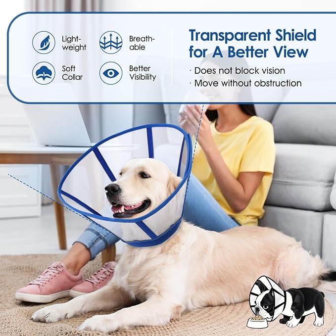 SUNFURA Dog Cones - Cone for Dogs to Stop Licking, Soft Dog Recovery Cone Collar with Detachable Clear Shield, Adjustable E-Collar Alternative for Medium Dogs, Blue Medium